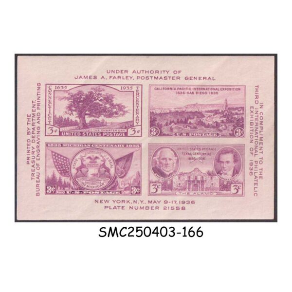 STAMPS from USA UNITED STATES 1936 3rd INTERNATIONAL PHILATELIC EXHIBITION SOUVENIR SHEET MNH