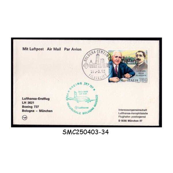ITALY - 1992 LUFTHANSA LH 3621 BOLOGNA to MUNICH - FIRST FLIGHT COVER FFC