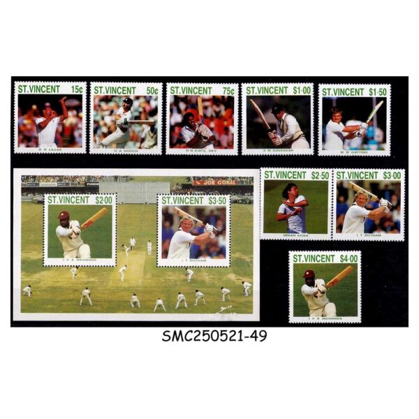 STAMPS from ST. VINCENT - 1988 INTERNATIONAL CRICKETERS / CRICKET SPORTS SET OF 8-STAMPS + 1-MIN. SHEET MNH
