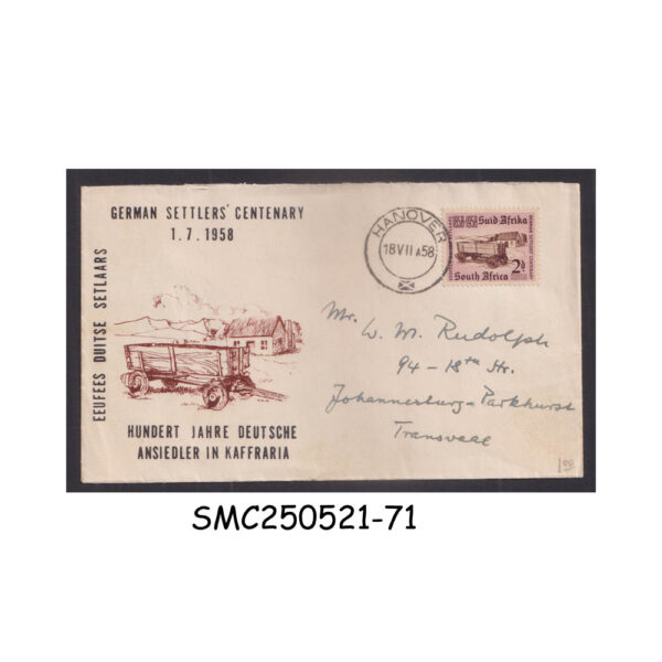 COVER from SOUTH AFRICA 1958 CENTENARY OF ARRIVAL OF GERMAN SETTLERS IN SOUTH AFRICA COVER