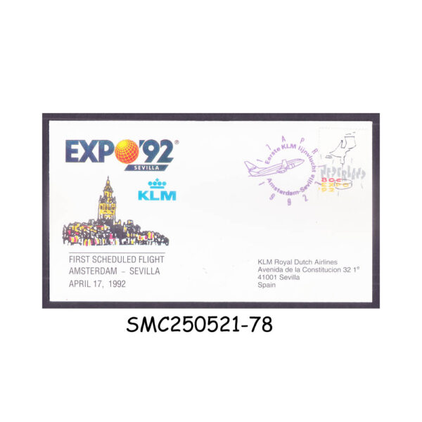 FIRST FLIGHT COVER from NETHERLANDS 1992 EXPO '92 KLM FLIGHT AMSTERDAM to SEVILLA FFC