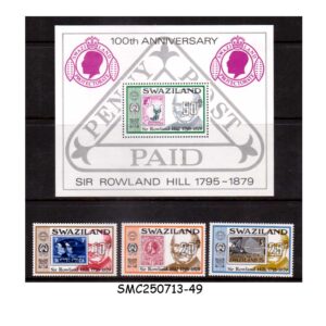 Stamps from SWAZILAND - 1979 DEATH CENTENARY OF SIR ROWLAND HILL SET OF 3-STAMPS + 1-MS MNH
