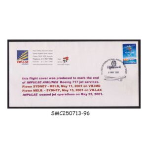 Cover from AUSTRALIA - 2001 THE END OF IMPULSE AIRLINE BOEING 717 JET SERVICE FLIGHT COVER WITH CANCL.