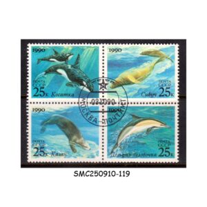 Stamps from RUSSIA - 1990 MARINE MAMMALS / FISH - BLOCK OF 4 - CTO