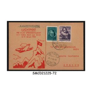 Cover from NETHERLANDS - 1946 KLM AIRLINES THE HAGUE to ZURICH FIRST FLIGHT CARD FFC