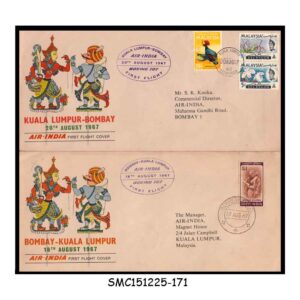 Stamps from INDIA - 1967 AIR-INDIA BOEING 707 BOMBAY to  KUALA LUMPUR to BOMBAY - FIRST FLIGHT COVER 2nos