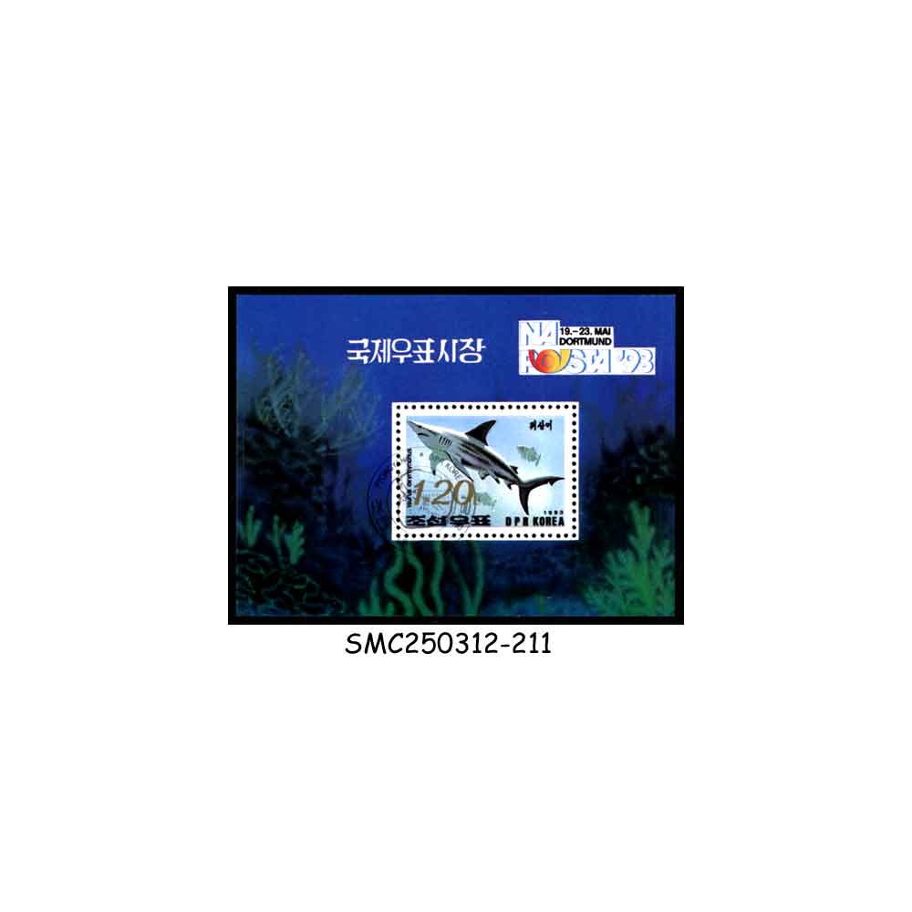 Stamps from NORTH KOREA - 1993 NATIONAL STAMP EXHIBITION NAPOSTA '93 / SHARK MARINE LIFE - MIN. SHEET CTO