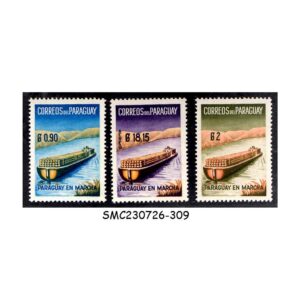 Stamps from PARAGUAY - 1961 PARAGUAY'S PROGRESS -LOGS ON RIVER BARGE - 3V MINT NH