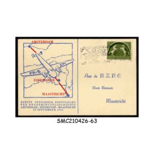 Stamps from NETHERLANDS 1945 FIRST MAIL FLIGHT SERVICE BY GOVERNMENT AMSTERDAM - MAASTRICHT CARD - CANCL.