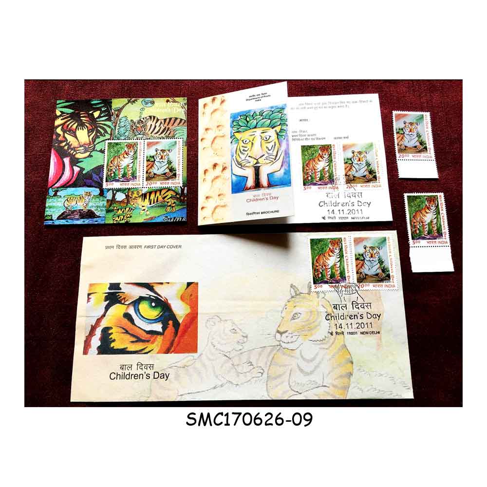 Stamps from INDIA - 2011 CHILDREN'S DAY SET OF 1-FDC, 1-BROCHURE, 2-STAMPS & 1-M. SHEET