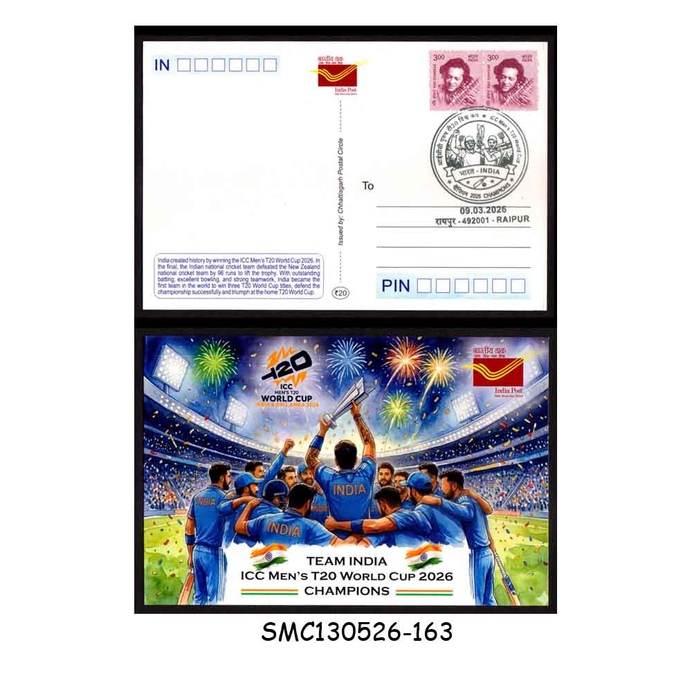 Stamps from INDIA 2026 ICC MEN'S T20 CRICKET WORLD CUP TEAM INDIA CHAMPION SPECIAL POSTCARD with SPECIAL CANCELLATION