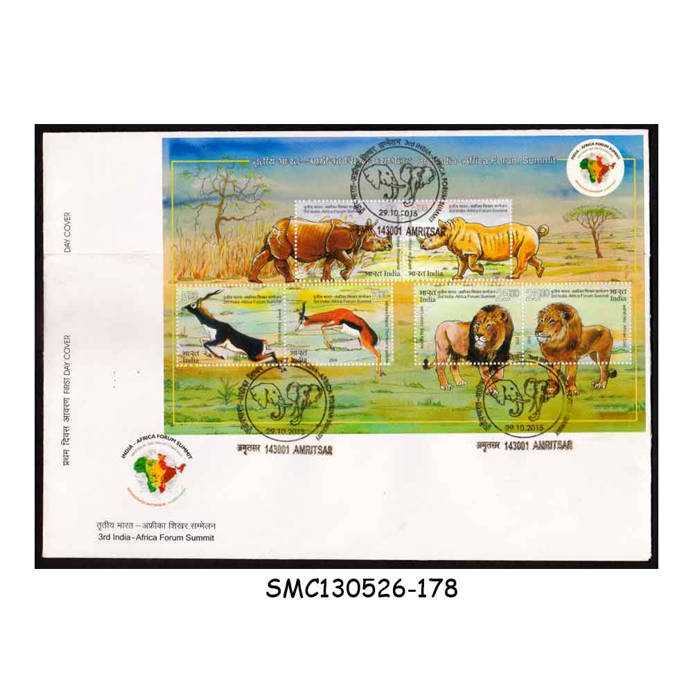 Stamps from INDIA - 2015 3rd INDIA-AFRICA FORUM SUMMIT / RHINO LION ANIMALS M/S - FDC