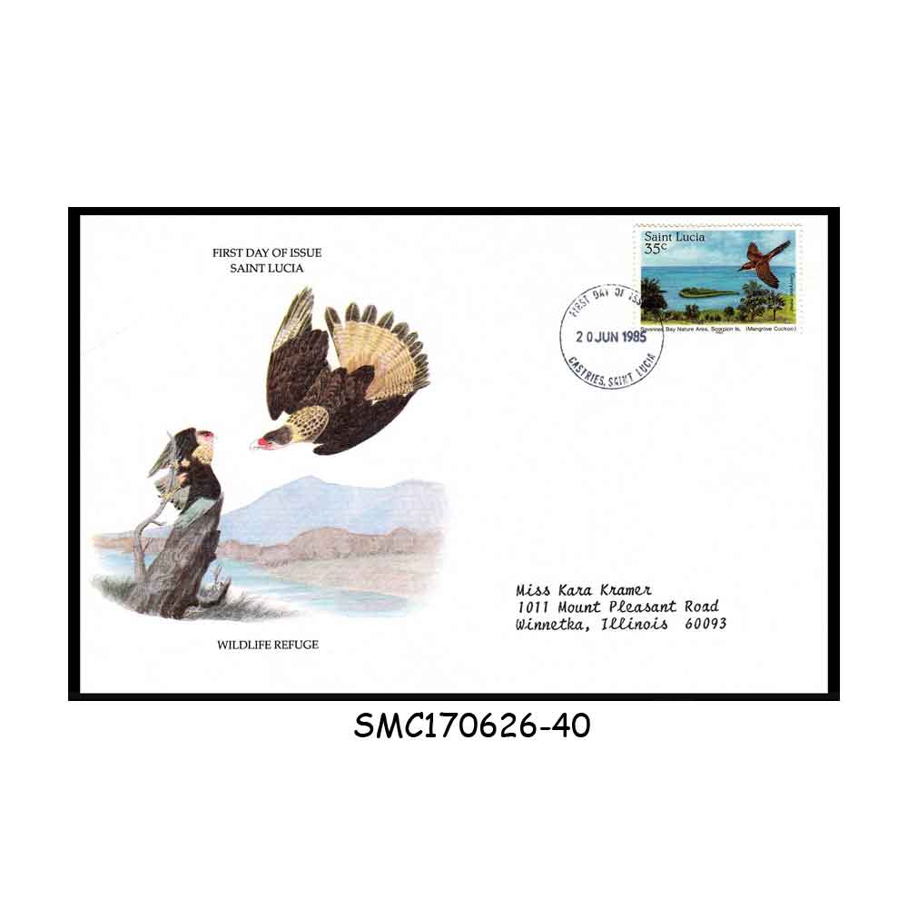 Stamps from ST. LUCIA - 1985 NATURE RESERVES - BIRDS / MANGROVE CUCKOO - FDC
