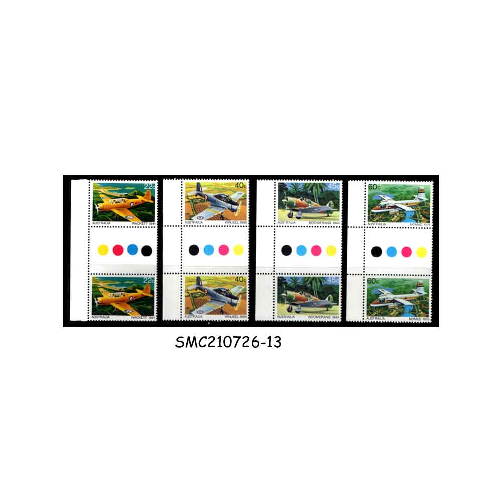 Stamps from AUSTRALIA 1980 MILITARY AIRCRAFTS / AVIATION - 4V TRAFFIC LIGHT GUTTER PAIR MINT NH