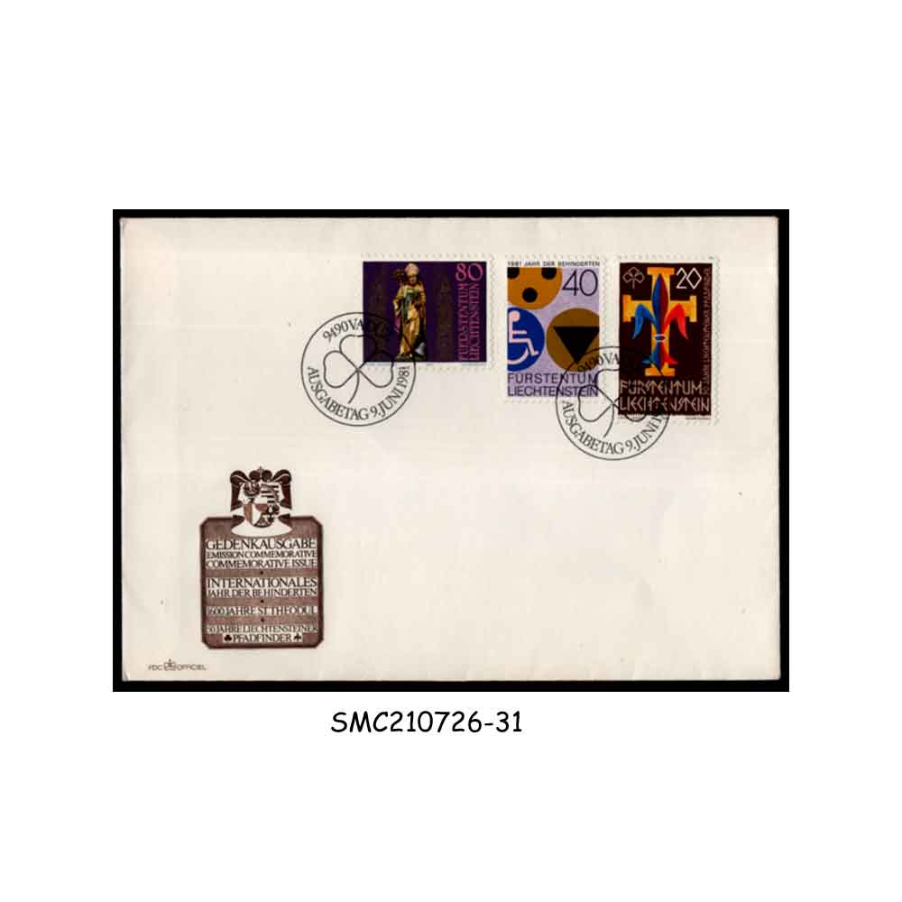 Stamps from LIECHTENSTEIN - 1981 LIECHTENSTEIN SCOUTS / DISABLED PEOPLE / ST. THEODUL FEAST - FDC