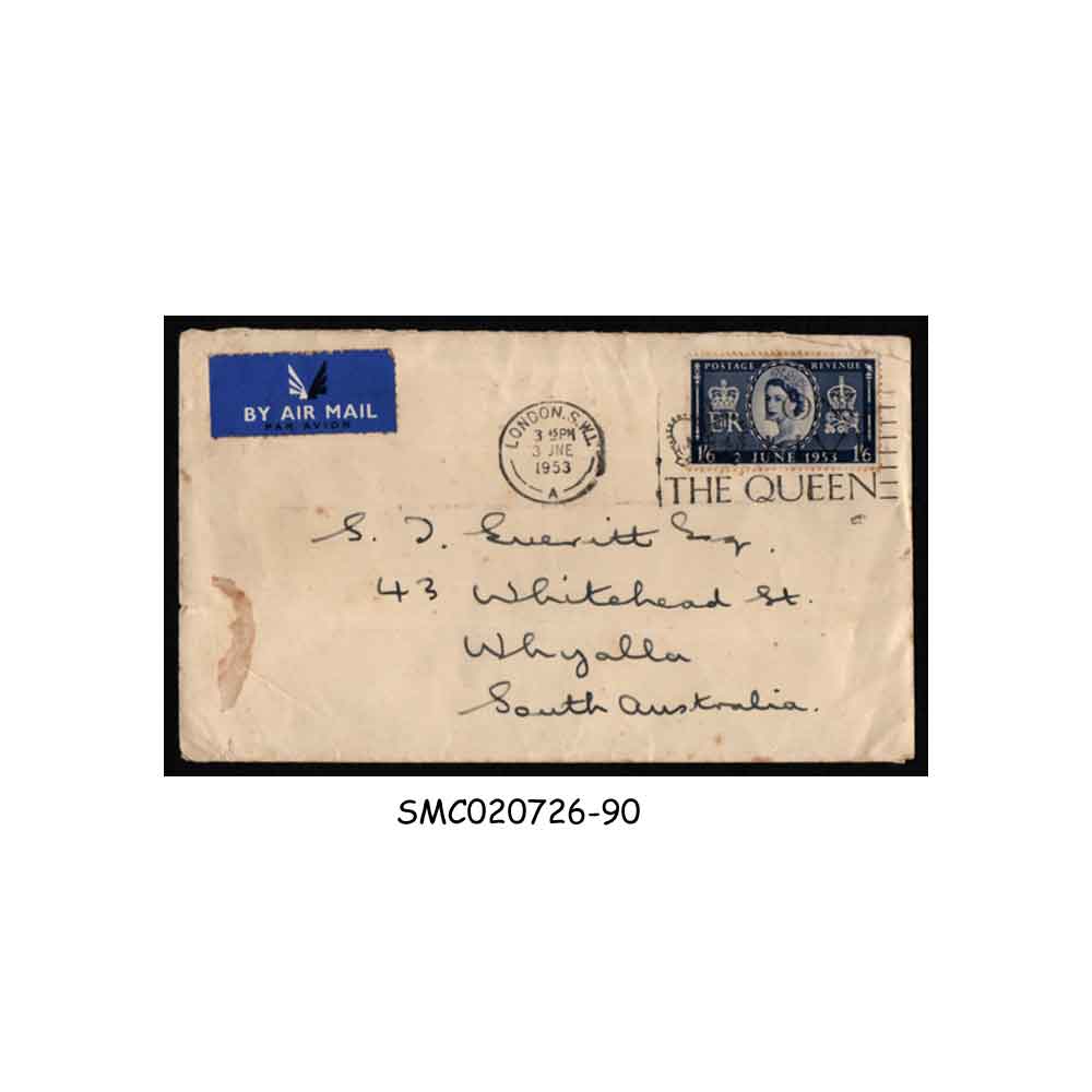 Stamps from GREAT BRITAIN 1953 AIRMAIL ENVELOPE to SOUTH AUSTRALIA with QEII CORONATION STAMP