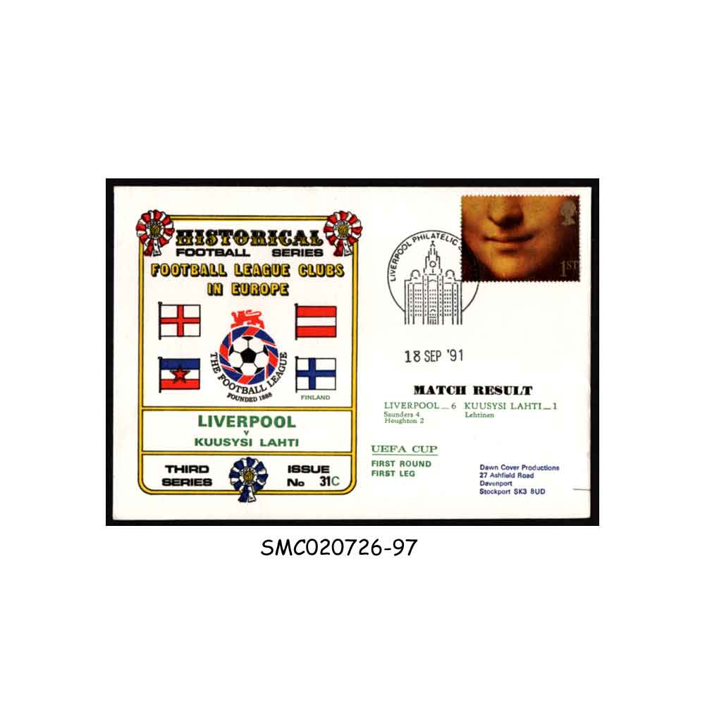 Stamps from GREAT BRITAIN - 1991 HISTORICAL FOOTBALL SERIES / THE FOOTBALL LEAGUE LIVERPOOL VS KUUSYS LAHTI MATCH COVER