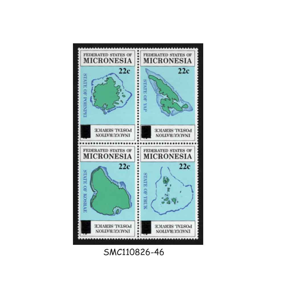Stamps from MICRONESIA - 1986 INAUGURATION OF POSTAL SERVICE - SURCHARGED BLOCK OF 4 SE-TENANT MNH