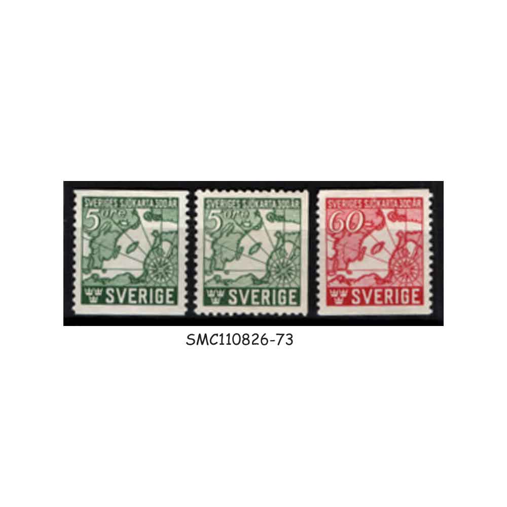 Stamps from SWEDEN - 1944 300th ANNIVERSARY OF FIRST SWEDISH MARINE CHART SCOTT#348-350 - 3V MINT HINGED