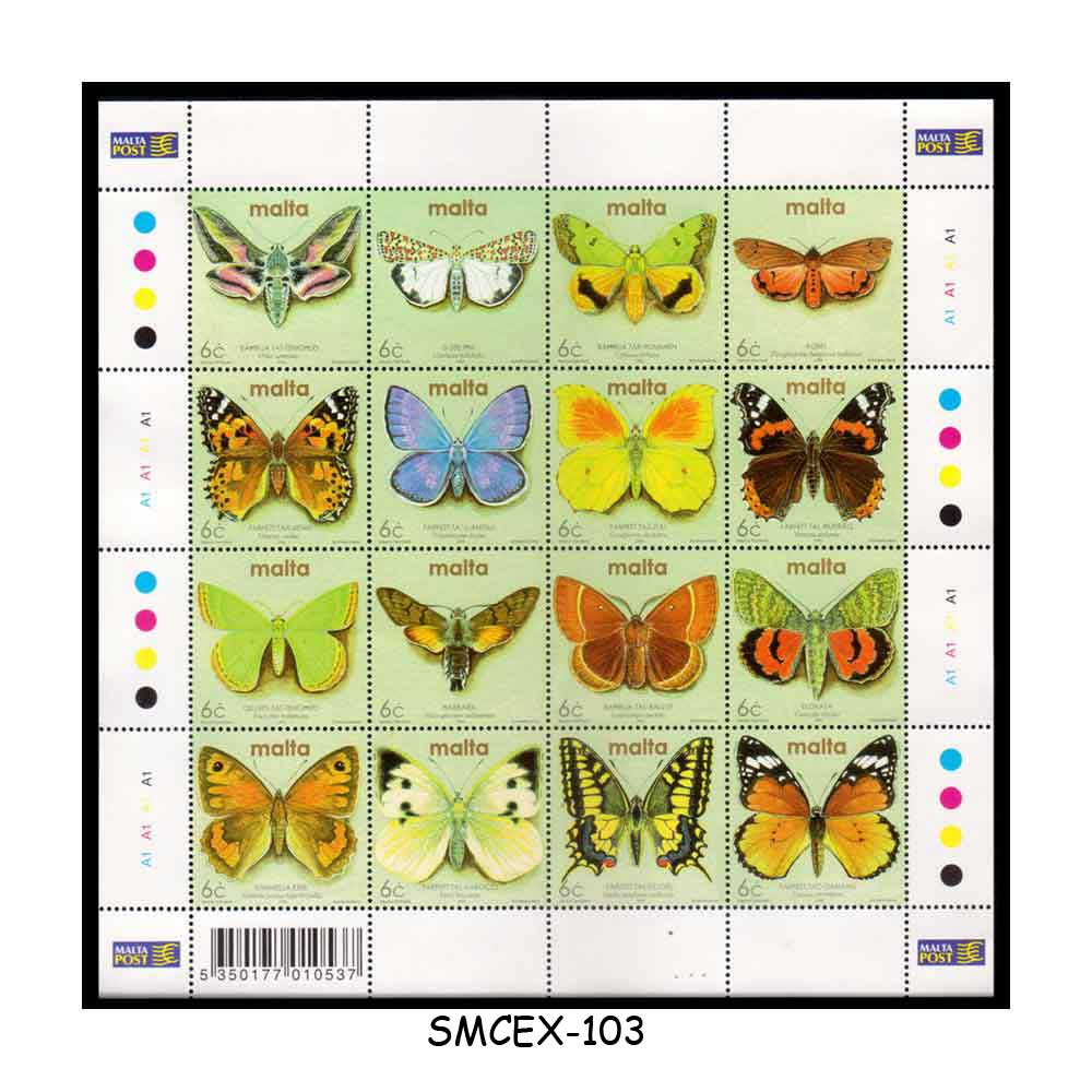 Stamps from MALTA - 2002 BUTTERFLIES & MOTHS - MIN. SHEET MINT NH