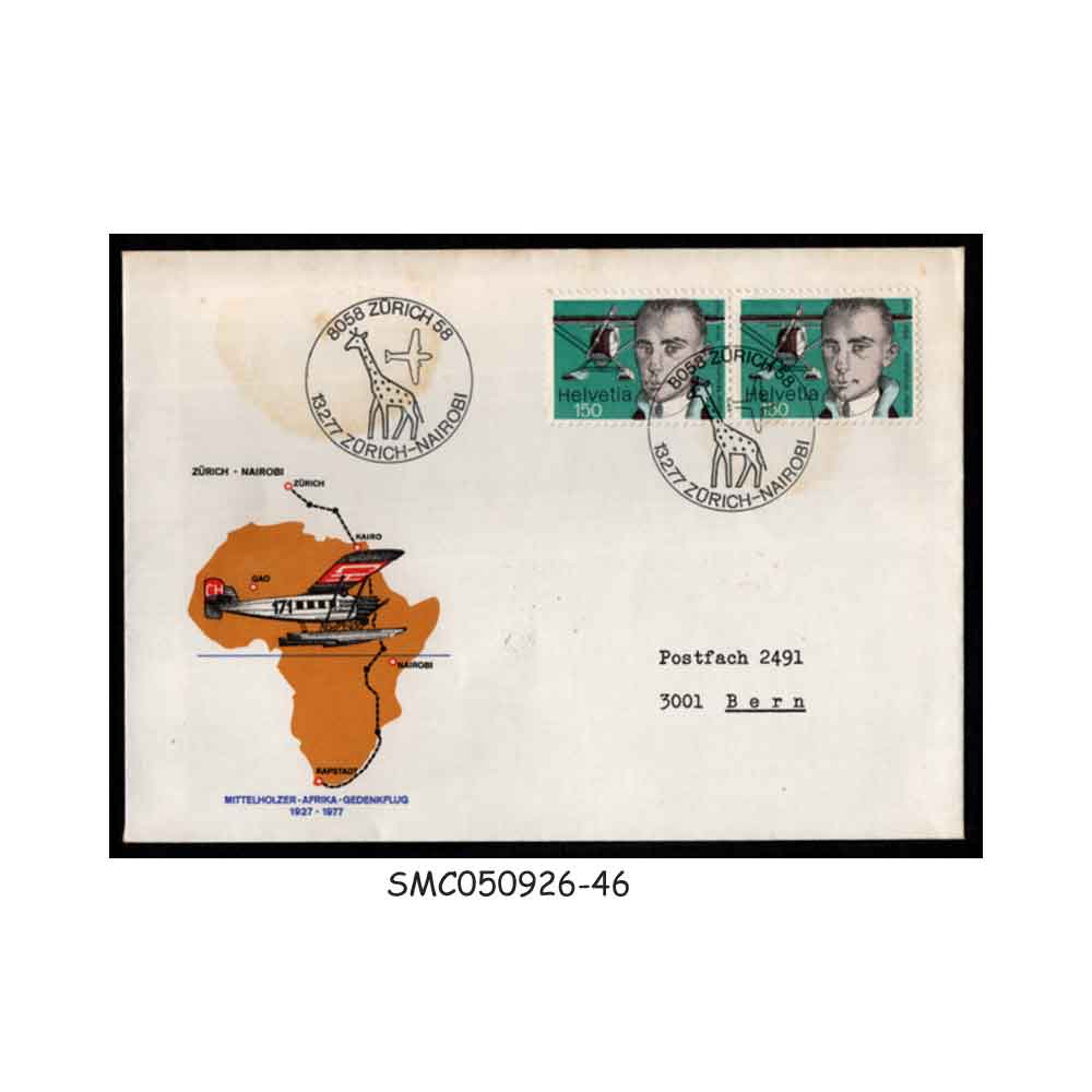 Stamps from SWITZERLAND - 1977 FLIGHT COVER from ZURICH to NAIROBI WITH GIRAFFE CANCELLATION