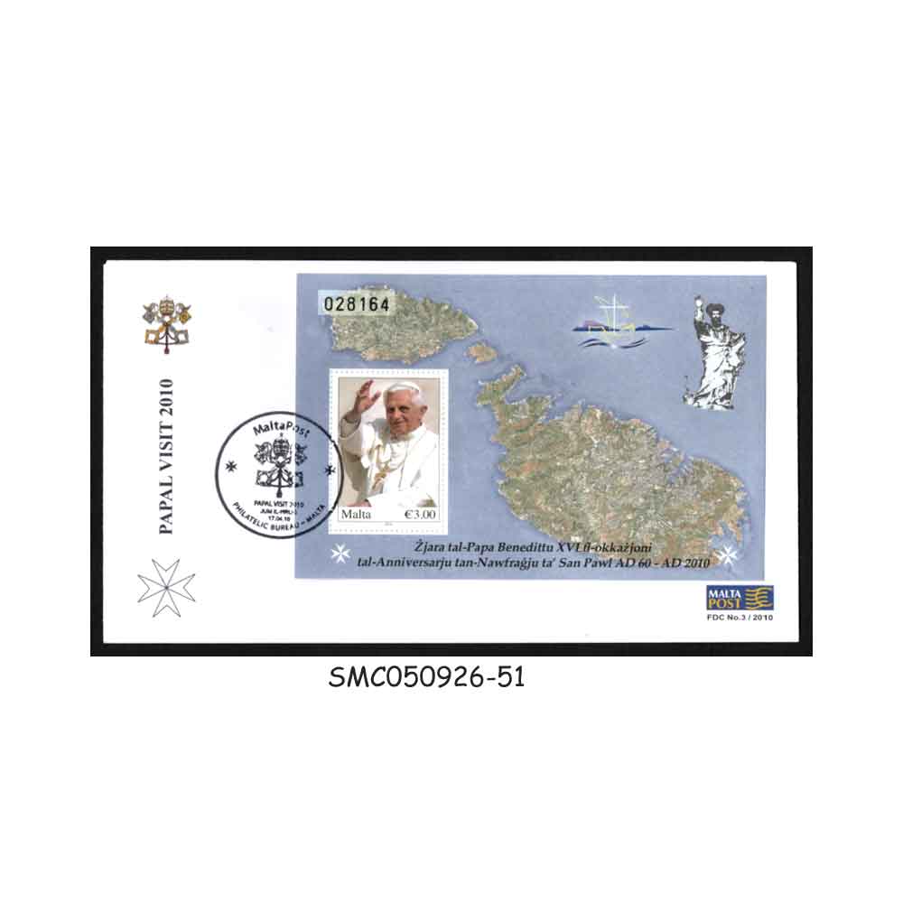 Stamps from MALTA - 2010 POPE BENEDICT XVI VISITS MALTA - MS - FDC