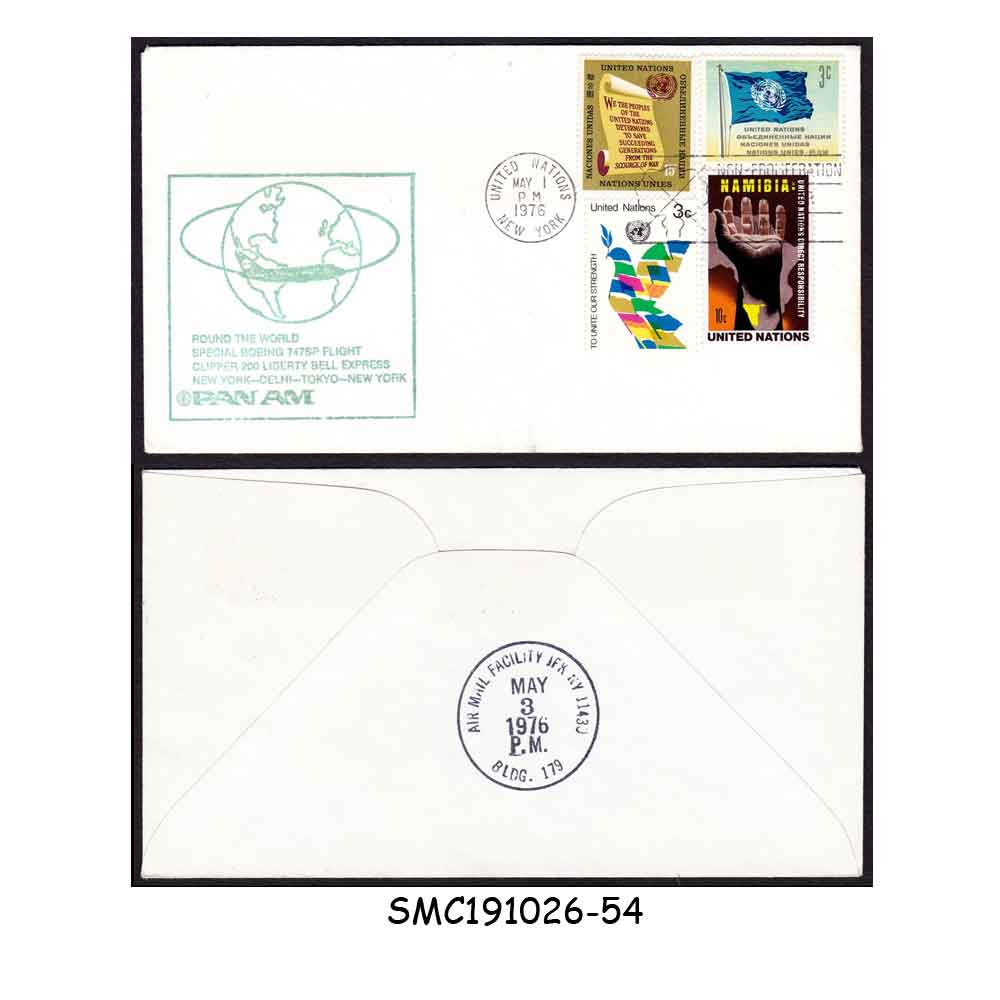 Stamps from UNITED NATION UNO 1976 PAN AM NEW YORK to DELHI to TOKYO to NEW YORK - FLIGHT COVER