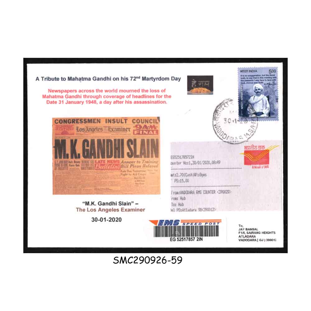 Stamps from INDIA - 2020 M.K. GANDHI SLAIN news by THE LOS ANGELES EXAMINER - COMMERCIALLY USED COVER EMS POST